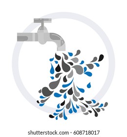 vector illustration of tap with dirty grey water drops