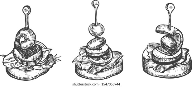 Vector illustration of tapas variety set. Authentic Spanish cuisine meal food starter. Vintage hand drawn style.