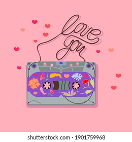 Vector illustration with tape audio cassette for retro tape recorder. Declaration of love on Valentine's day. Film lettering:" love you".