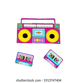 Vector Illustration Of A Tape Recorder And Cassettes On A White Background.