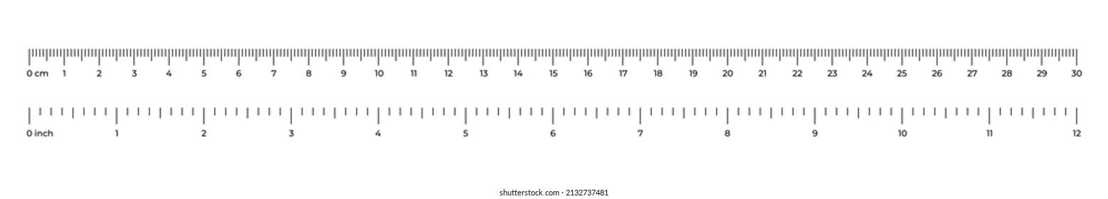 Ilustración vectorial de la regla de cinta de 30 cm y 12 pulgadas aislada sobre fondo blanco. Medir las líneas de instrumentos en forma plana. Escala de medida horizontal. Marcado para los gobernantes. Plantilla del medidor de nivel de barra.