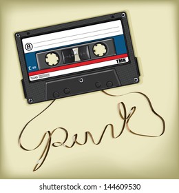 Vector illustration of a tape spelling the word punk/Punk mix tape/ Easy to edit layers, easy to edit groups, easy to isolate tape element, mesh only used in background layer.