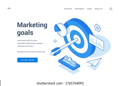Vector illustration of target with arrow amidst charts representing marketing goals achievement near description and link button on web banner. Isometric web banner, landing page template