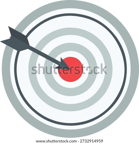 Vector illustration of a target board with a dart hitting the bright red bullseye, symbolizing successful goal achievement, marketing strategy, focus, precision, and business success. Ideal graphic for presentations, icons, or web design elements.