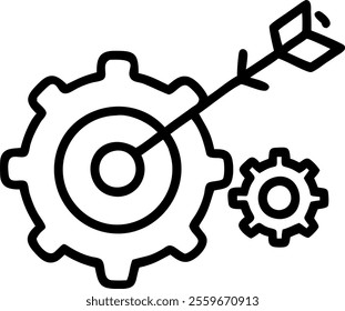 Vector illustration of a target with gears inside representing strategic planning. concept as A clean vector image of a target with interlocking gears within it symbolizing strategic planning and proc