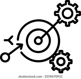 Vector illustration of a target with gears inside representing strategic planning. concept as A clean vector image of a target with interlocking gears within it symbolizing strategic planning and proc