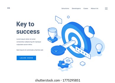 Vector illustration of target with key and success symbols near description and link button on banner of business promotion website. Isometric web banner, landing page template