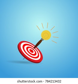 Vector Illustration of target with light bulb arrow icon. Perfect shot with arrow in bullseye of archery.