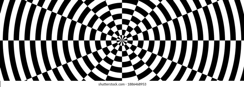 Vector illustration of target pattern with optical illusion. Op art abstract background. Long horizontal banner.
