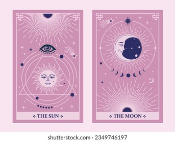 Ilustración vectorial Tarot Card sun and moon, Tarot Celestial Tarot tarot bruja básica rodeada de estrellas.