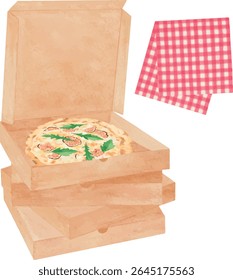 Vector illustration of Tartufo Pizza (truffle pizza) in an open delivery box, accompanied by a stack of pizza boxes and a traditional Italian checkered napkin.