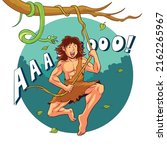 
vector illustration of tarzan swinging in the forest. he shouted loudly.