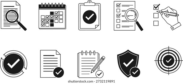 Ilustración vectorial de la tarea y el conjunto de iconos de la lista de comprobación con doce símbolos de línea negra para la verificación y finalización