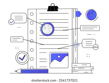 A vector illustration of task management and organization concept. Includes a clipboard, checkmarks, pencil, clock, calendar, and communication icons. Ideal for productivity themes