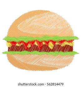 Vector illustration of tasty bright marker scribble drawn hamburger