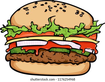 Vector illustration of tasty burger with qucumbers, rings of onion, ketchup, cheese and salad