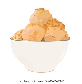 Vector illustration of tasty caramelized onion cartoon ice cream balls in white bowl. Summer sweet dessert isolated on white background.