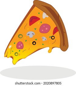 Vector illustration of tasty cheese slice of cheesy pizza. Piece of pizza with mushrooms, tomatoes and pepperoni 