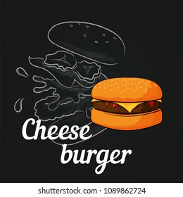 Vector illustration of a tasty cheeseburger with chalk silhouette of a flying cheeseburger separated into layers showing ingredients drawn on a blackboard.