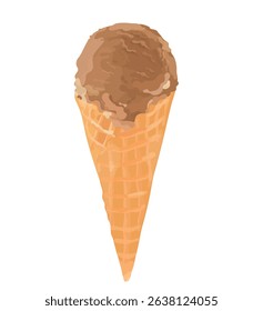 Vector illustration of tasty chocolate ice cream scoop in waffle cone. Sweet summer dessert isolated on white.
