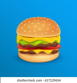 Vector Illustration of Tasty Classic Burger isolated on Blue neutral Background.