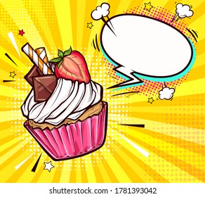 Vector illustration of tasty cupcake decorated half strawberry, pieces of chocolate and striped waffle sticks. Pop art style sweet dessert with whipped cream on top, isolated on yellow background.