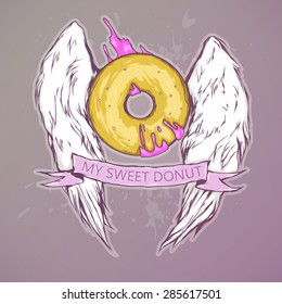 Vector illustration. Tasty donut with jam. Donut delicious. Sweet donut card with pink glaze. Angel Food.