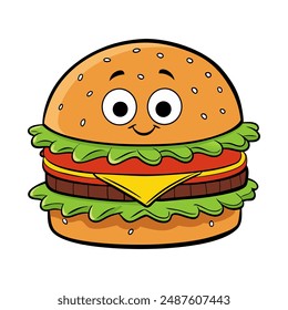 Vector illustration of a tasty hamburger in a funny style. The burger has a whimsical design with a smiling bun, bright colors and elements. It is perfect for children's menus and fun food promotions.