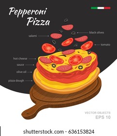 Vector  illustration of tasty hot Pepperoni Pizza on wooden board. Falling ingredients. Traditional Italian recipe. Infographic creative design. Fastfood isolated on black and white background