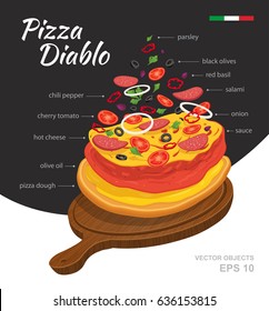 Vector  illustration of tasty hot Pizza Diablo on wooden board. Falling ingredients. Traditional Italian recipe. Infographic creative design. Fastfood isolated on black and white background