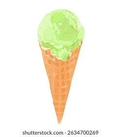 Vector illustration of tasty matcha ice cream scoop in waffle cone. Sweet summer dessert illustration isolated on white.