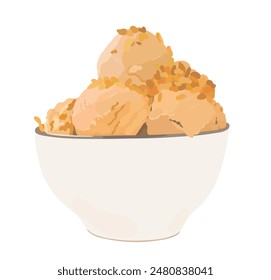 Vector illustration of tasty сaramelized onion cartoon ice cream ball in white bowl. Summer dessert  on white background.