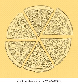 Vector illustration of tasty pizza.