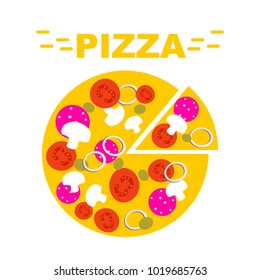 Vector illustration of tasty pizza on the isolated white background. Icon of pizza. Slice of pizza.