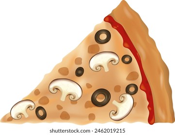 Vector illustration of a tasty pizza slice with toppings.