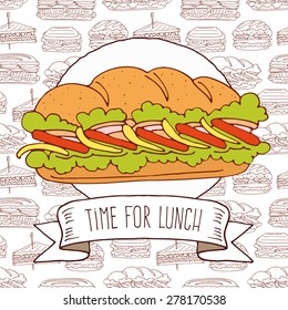 Vector illustration - tasty sandwich on pattern background with contours of burgers and sandwiches