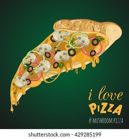 Vector illustration of tasty slice mushroom pizza.Vector image of fast food.