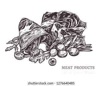 Vector illustration of tasty slices of meat, smoked pork or spanish jamon with olive, greenery and salad. Hand drawn colorful sketch engraving style in monochrome