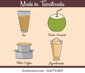 Vector illustration of tasty and traditional food beverages made in Tamilnadu India. Illustrations of Filter coffee, Jigarthanda, Tea and Tender coconut.