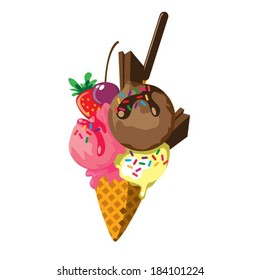 Vector illustration Tasty Triple ice cream on cone