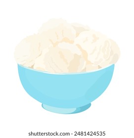 Vector illustration of tasty vanilla cartoon ice cream scoops in blue bowl Summer dessert on white background.