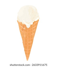 Vector illustration of tasty vanilla ice cream scoop in waffle cone. Sweet summer dessert isolated on white.
