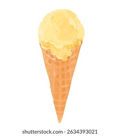Vector illustration of tasty yellow mango ice cream scoop in waffle cone. Sweet summer dessert isolated on white background.