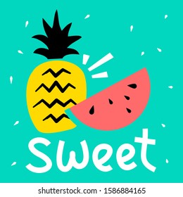 Vector illustration of tasty yellow pineapple and piece of red watermelon on green background with text. Flat style design of fruit for web, site, banner, poster
