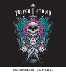 Ilustración vectorial de niña tatuada con sombrero de calavera, rosas y herramientas de tatuaje con estilo de dibujo a mano vintage disponible para diseño de camiseta