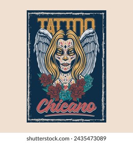 Vector Illustration of Tattoed Girl with Wings and Roses with Vintage Hand Drawing Style Available for Poster