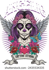 Vector Illustration of Tattoed  Girl with Wings, Butterfly, Roses and Heart with Vintage Hand Drawing Style Available for Logo Badge