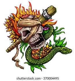 Vector Illustration Tattoo Design Of Skull With Snake and Flames