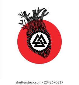 ilustración vectorial de un diseño de tatuaje vectorial de un valknut un sol y un corazón anatómico
