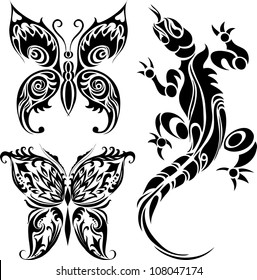 Vector illustration tattoo drawings of butterflies and lizard